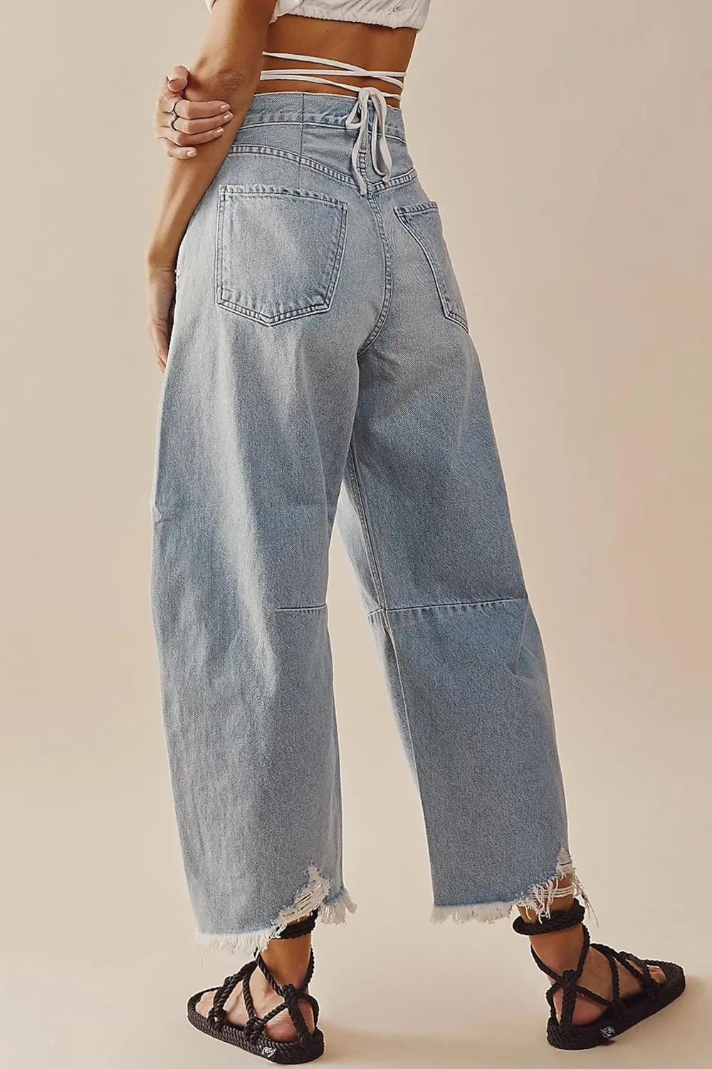 HOTIAN Barrel Jeans Women Wide Leg Mid Rise Barrel Denim Pants Vintage Horseshoe Jeans Pockets