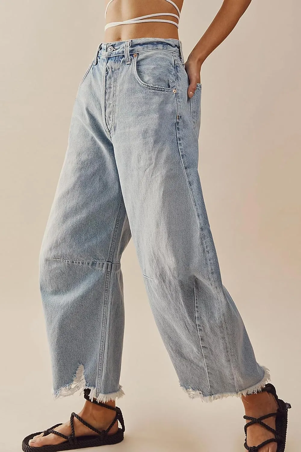 HOTIAN Barrel Jeans Women Wide Leg Mid Rise Barrel Denim Pants Vintage Horseshoe Jeans Pockets