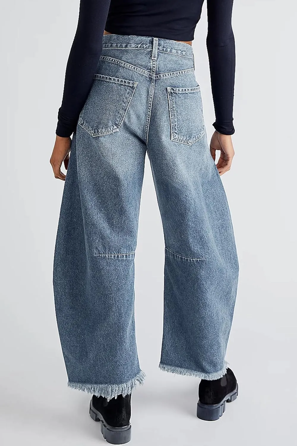 HOTIAN Barrel Jeans Women Wide Leg Mid Rise Barrel Denim Pants Vintage Horseshoe Jeans Pockets