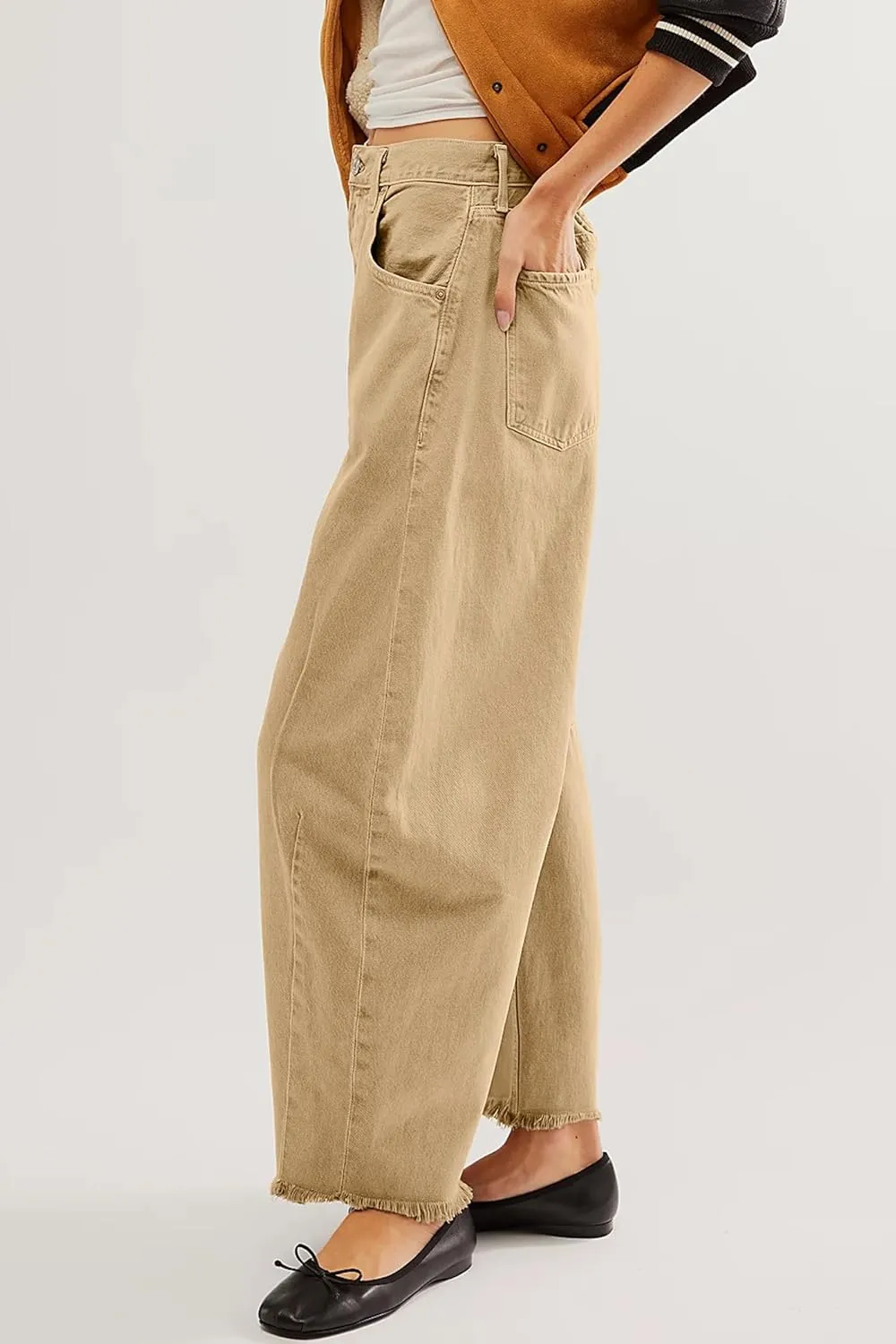 HOTIAN Barrel Jeans Women Wide Leg Mid Rise Barrel Denim Pants Vintage Horseshoe Jeans Pockets