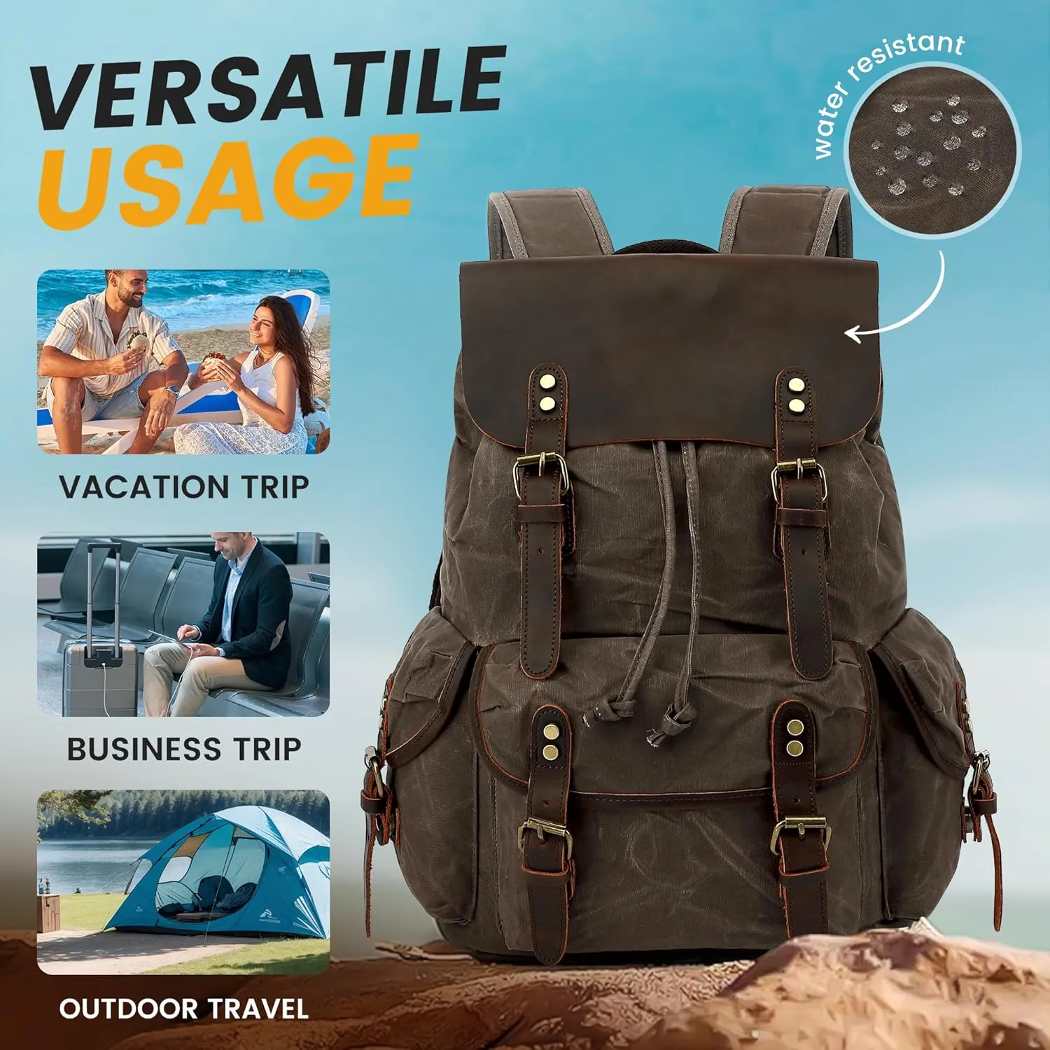 HuaChen Leather Backpack for Men,Waxed Canvas Shoulder Rucksack for Travel Laptop School