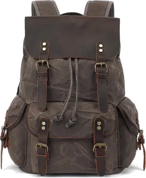HuaChen Leather Backpack for Men,Waxed Canvas Shoulder Rucksack for Travel Laptop School