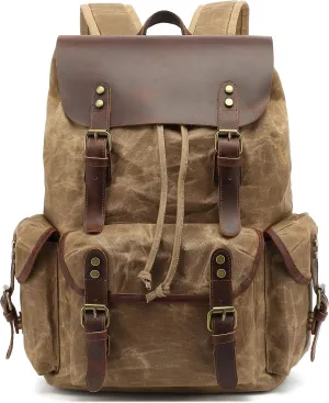 HuaChen Leather Backpack for Men,Waxed Canvas Shoulder Rucksack for Travel Laptop School