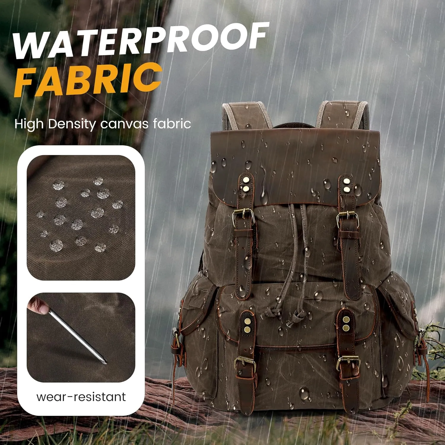 HuaChen Leather Backpack for Men,Waxed Canvas Shoulder Rucksack for Travel Laptop School