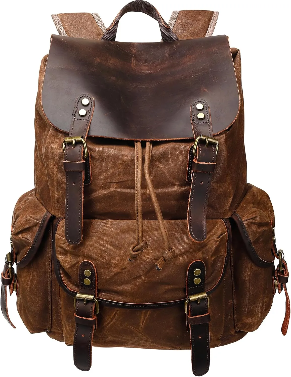 HuaChen Leather Backpack for Men,Waxed Canvas Shoulder Rucksack for Travel Laptop School
