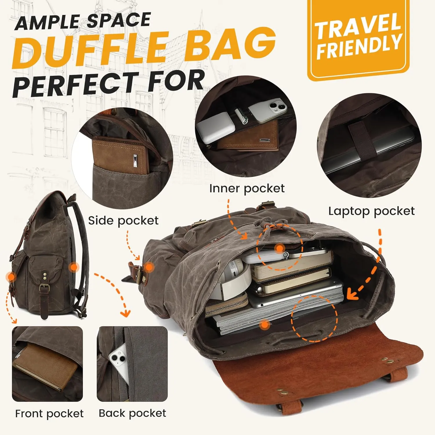 HuaChen Leather Backpack for Men,Waxed Canvas Shoulder Rucksack for Travel Laptop School