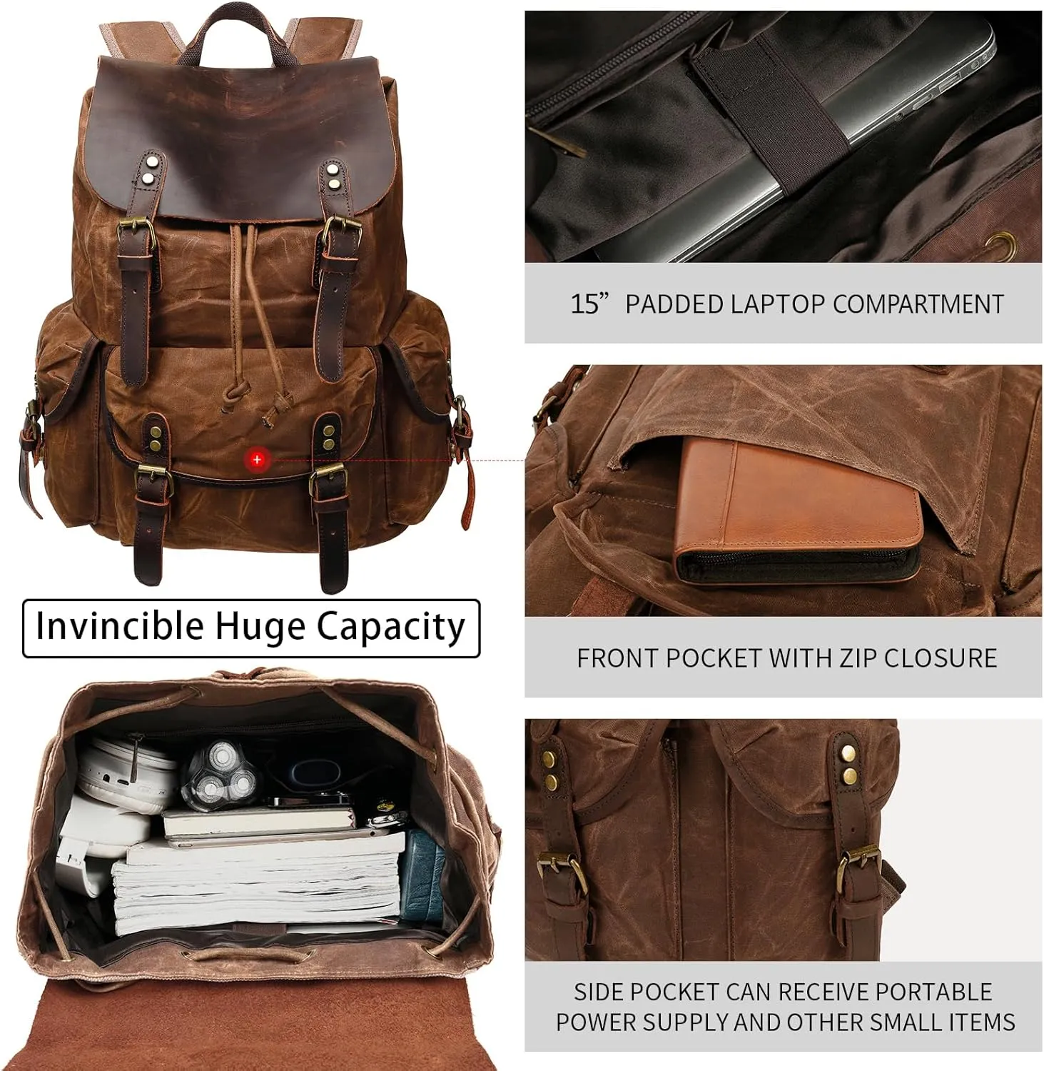 HuaChen Leather Backpack for Men,Waxed Canvas Shoulder Rucksack for Travel Laptop School