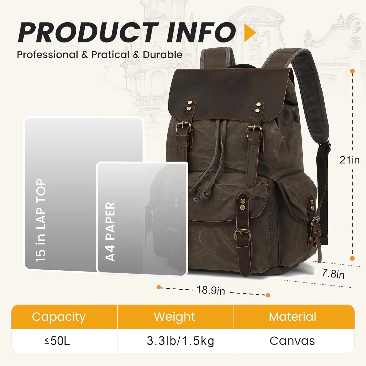 HuaChen Leather Backpack for Men,Waxed Canvas Shoulder Rucksack for Travel Laptop School
