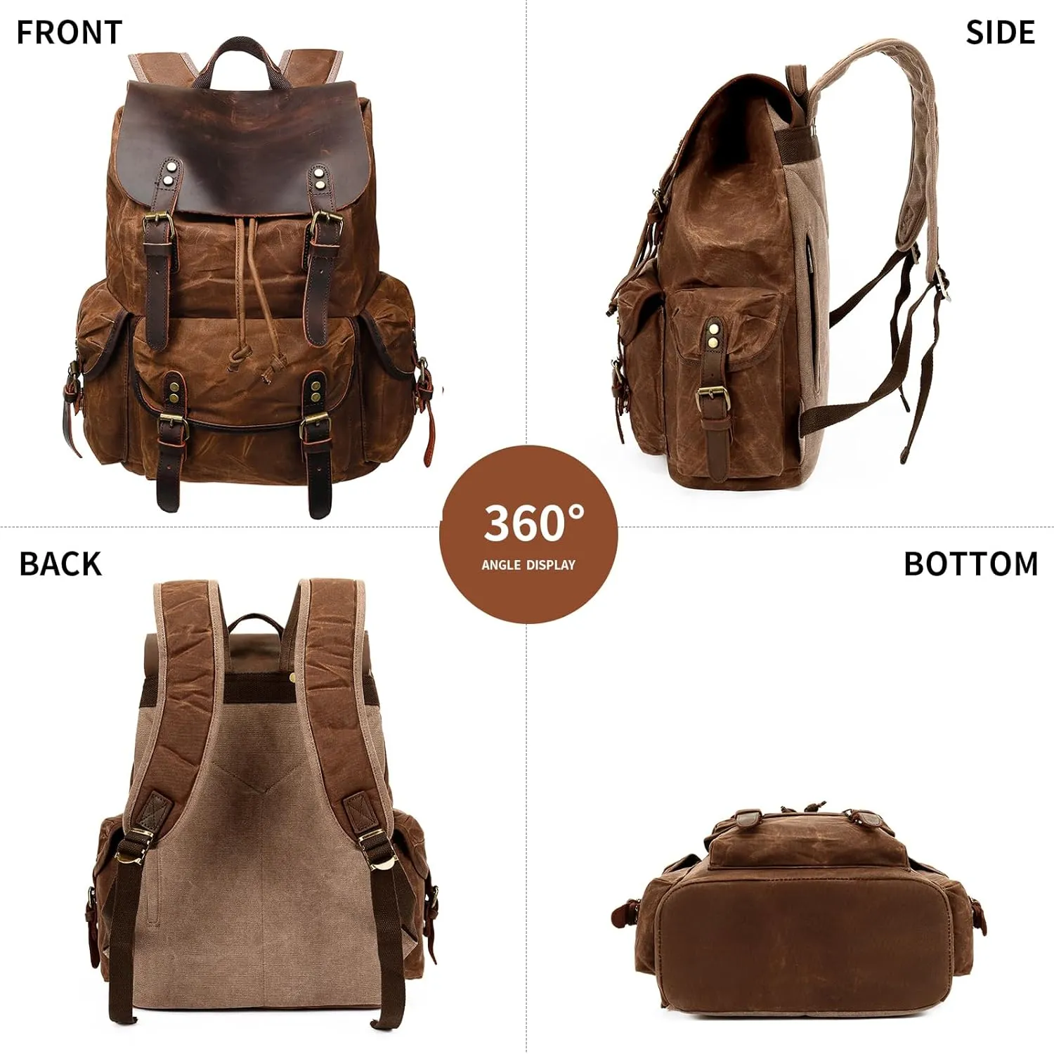 HuaChen Leather Backpack for Men,Waxed Canvas Shoulder Rucksack for Travel Laptop School