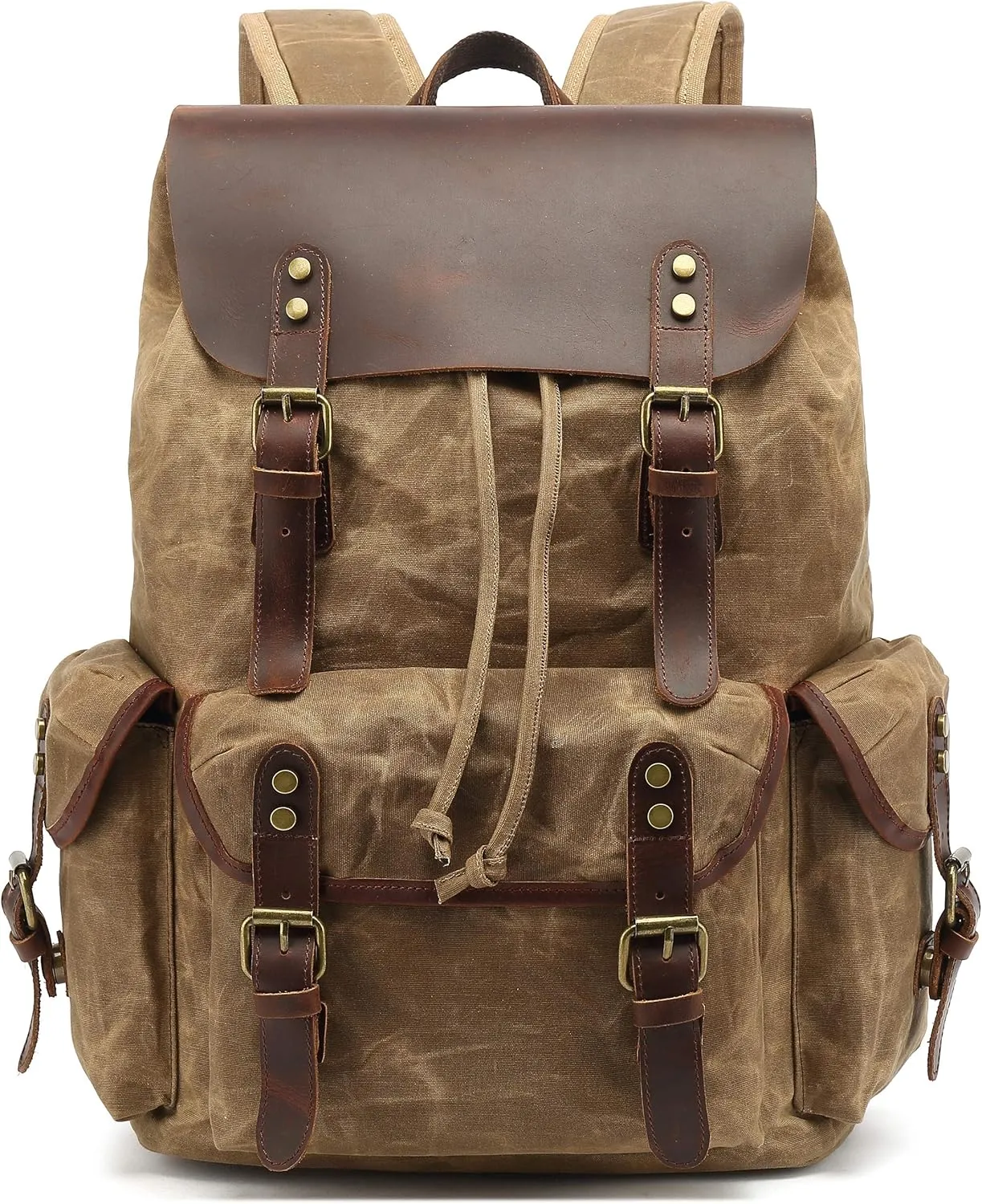 HuaChen Leather Backpack for Men,Waxed Canvas Shoulder Rucksack for Travel Laptop School