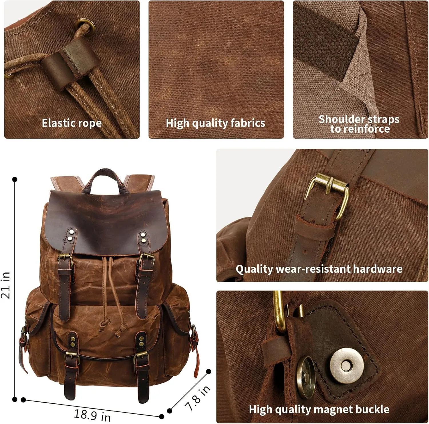 HuaChen Leather Backpack for Men,Waxed Canvas Shoulder Rucksack for Travel Laptop School