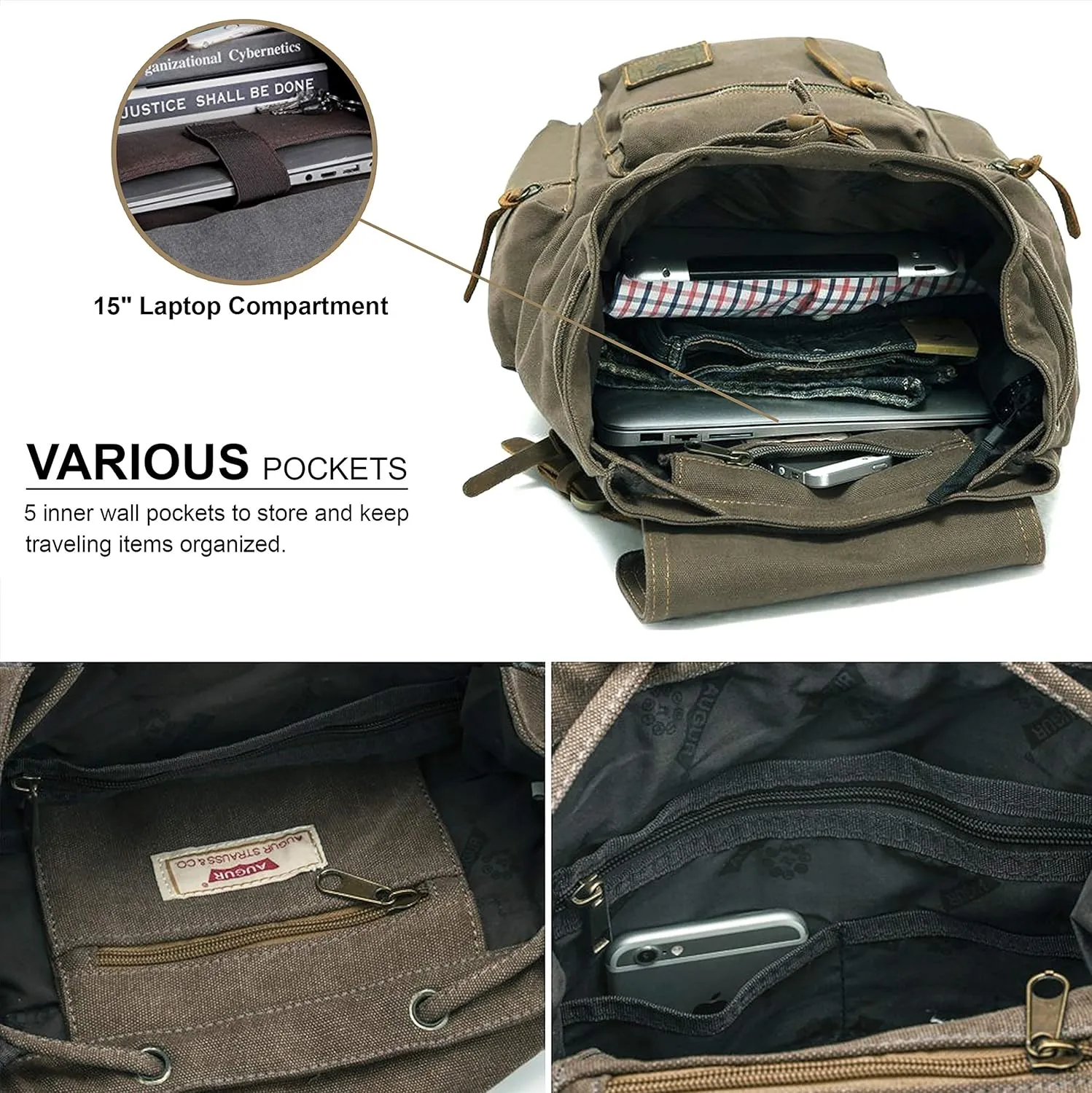 HuaChen Vintage Canvas Backpack, Large Capacity Travel Rucksack for Men Women,Hiking, Camping, School, and Outdoor Activities