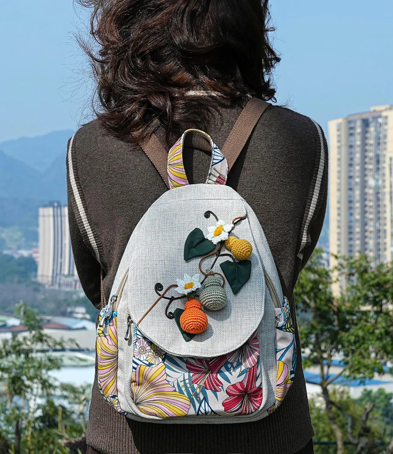 HUANGGUOSHU Women Cotton Woven Hippie Hemp Boho Canvas Embroidery Multi Pocket Retro Cute Backpack Wallet Backpack-Calabash