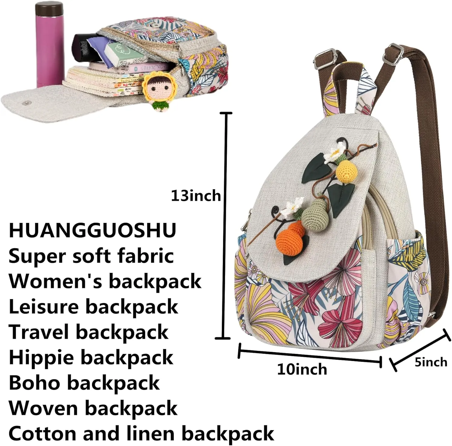 HUANGGUOSHU Women Cotton Woven Hippie Hemp Boho Canvas Embroidery Multi Pocket Retro Cute Backpack Wallet Backpack-Calabash