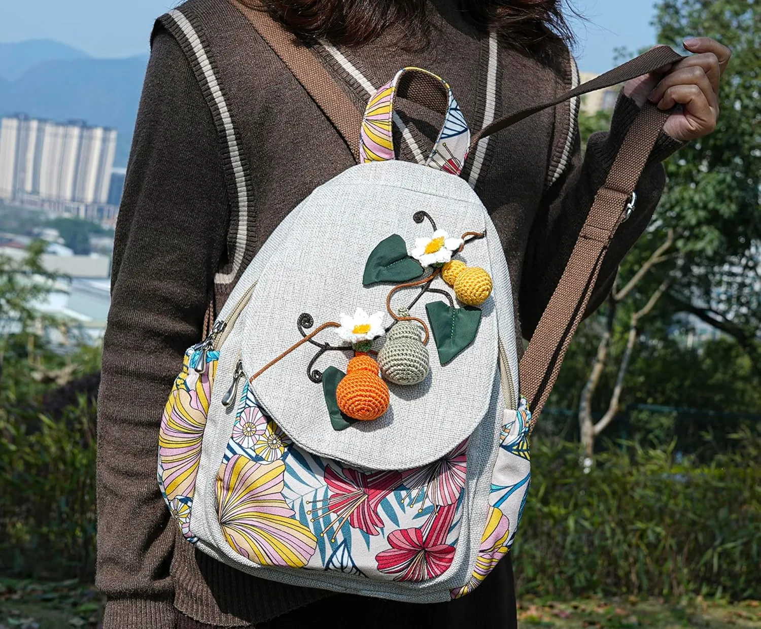 HUANGGUOSHU Women Cotton Woven Hippie Hemp Boho Canvas Embroidery Multi Pocket Retro Cute Backpack Wallet Backpack-Calabash
