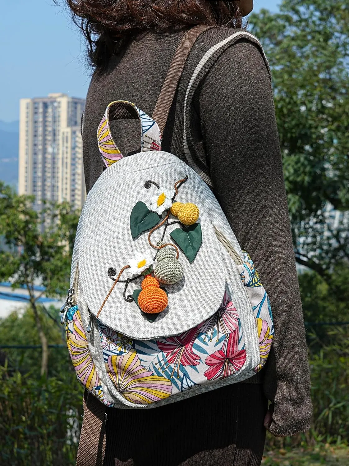 HUANGGUOSHU Women Cotton Woven Hippie Hemp Boho Canvas Embroidery Multi Pocket Retro Cute Backpack Wallet Backpack-Calabash