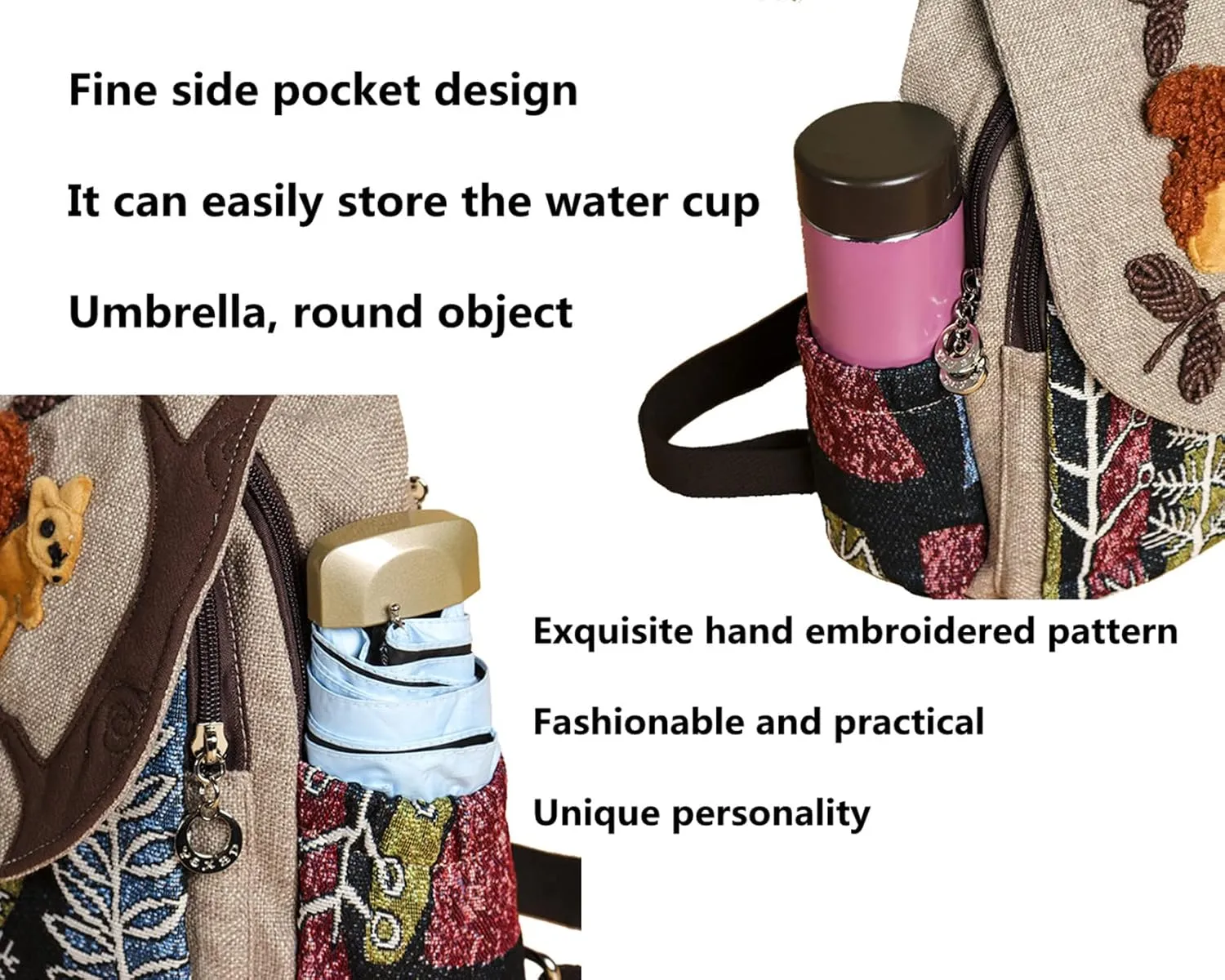 HUANGGUOSHU Women Cotton Woven Hippie Hemp Boho Canvas Embroidery Multi Pocket Retro Cute Backpack Wallet Backpack Squirrel