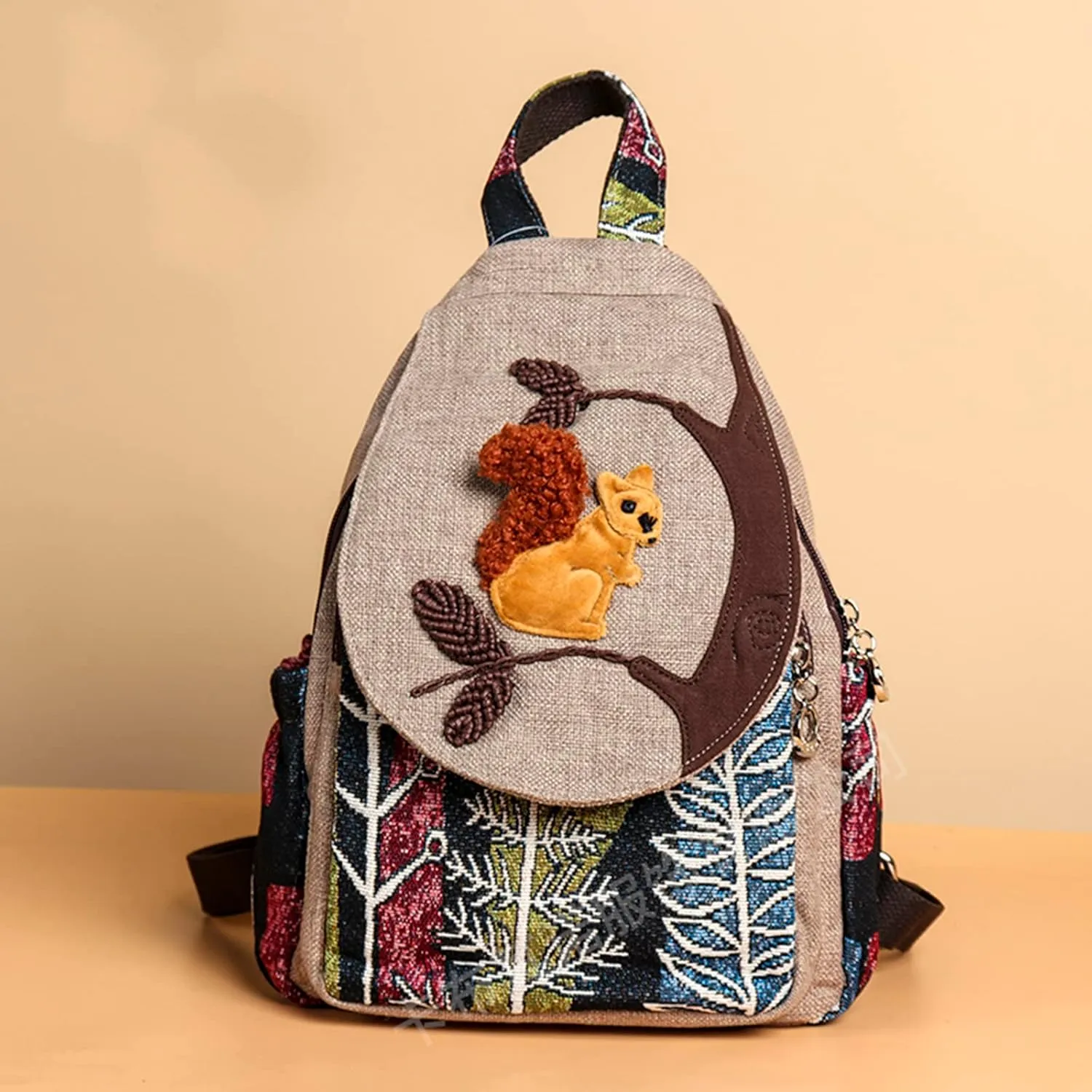HUANGGUOSHU Women Cotton Woven Hippie Hemp Boho Canvas Embroidery Multi Pocket Retro Cute Backpack Wallet Backpack Squirrel