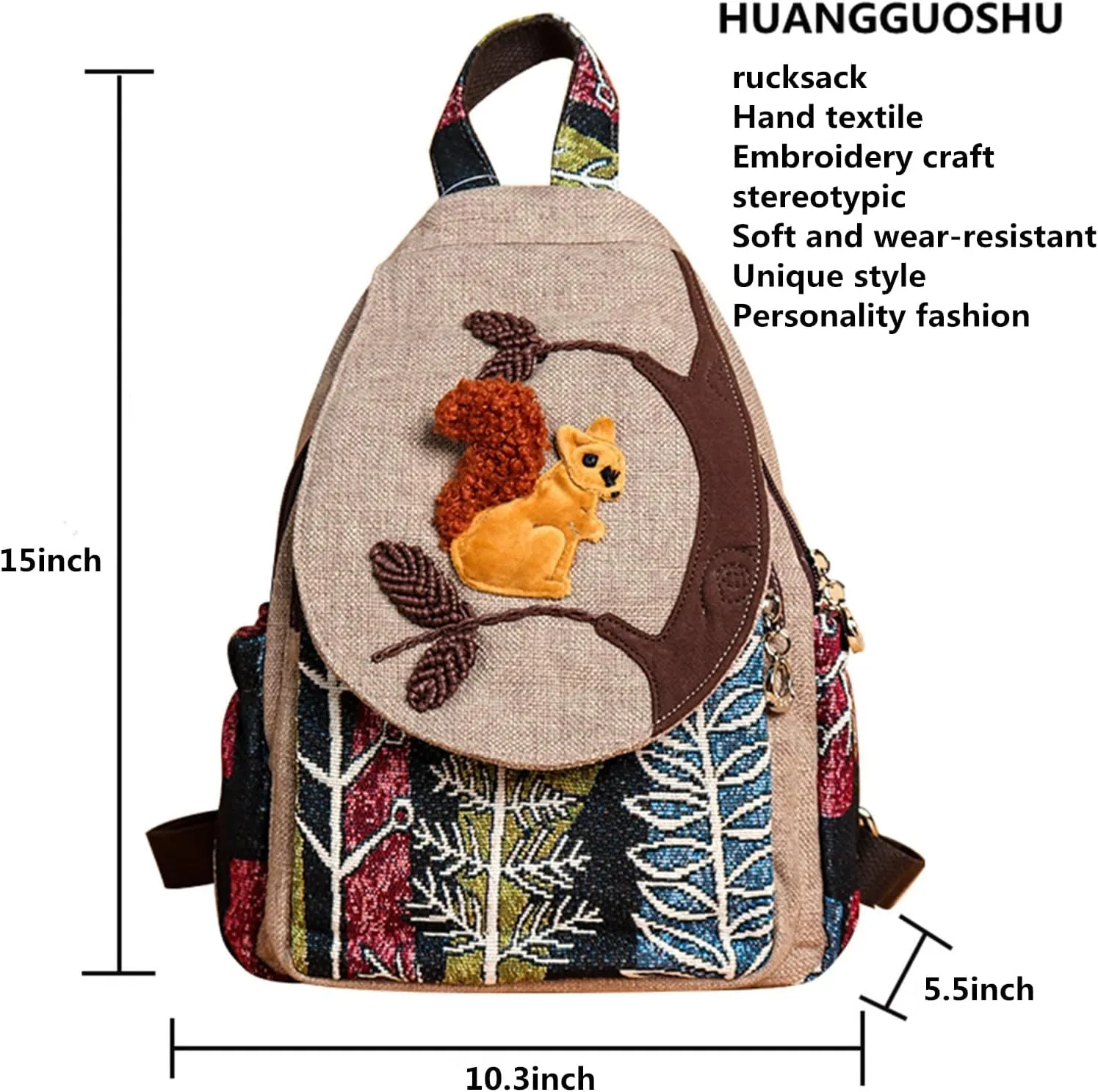 HUANGGUOSHU Women Cotton Woven Hippie Hemp Boho Canvas Embroidery Multi Pocket Retro Cute Backpack Wallet Backpack Squirrel
