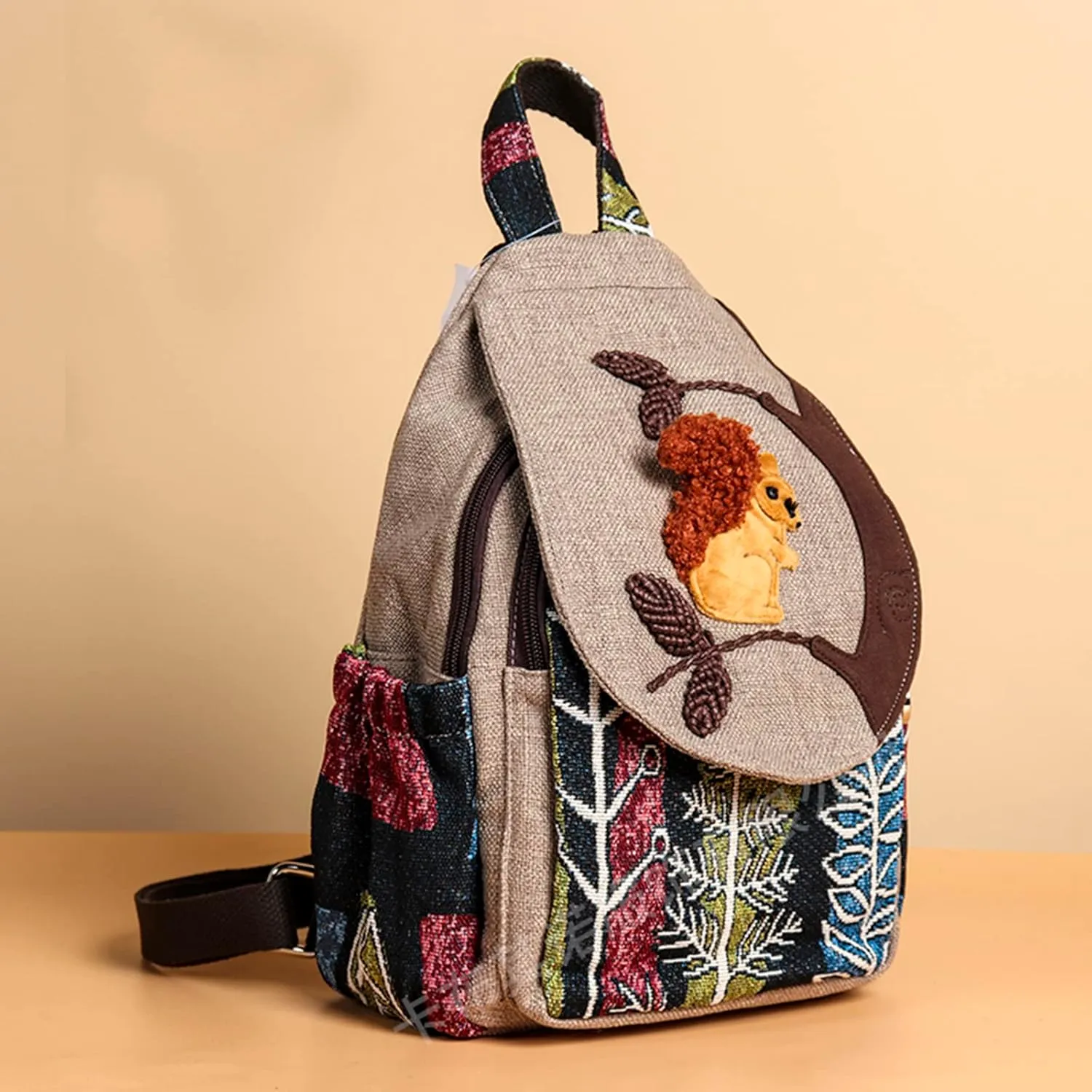 HUANGGUOSHU Women Cotton Woven Hippie Hemp Boho Canvas Embroidery Multi Pocket Retro Cute Backpack Wallet Backpack Squirrel