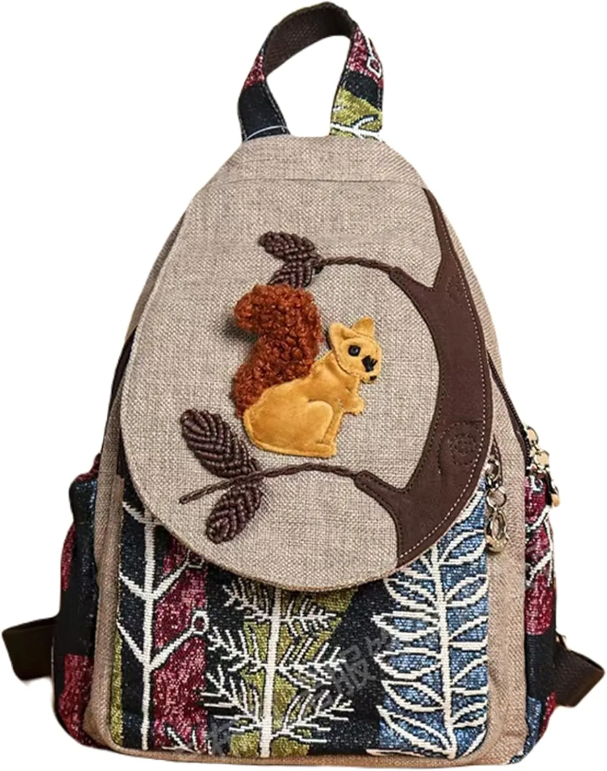 HUANGGUOSHU Women Cotton Woven Hippie Hemp Boho Canvas Embroidery Multi Pocket Retro Cute Backpack Wallet Backpack Squirrel