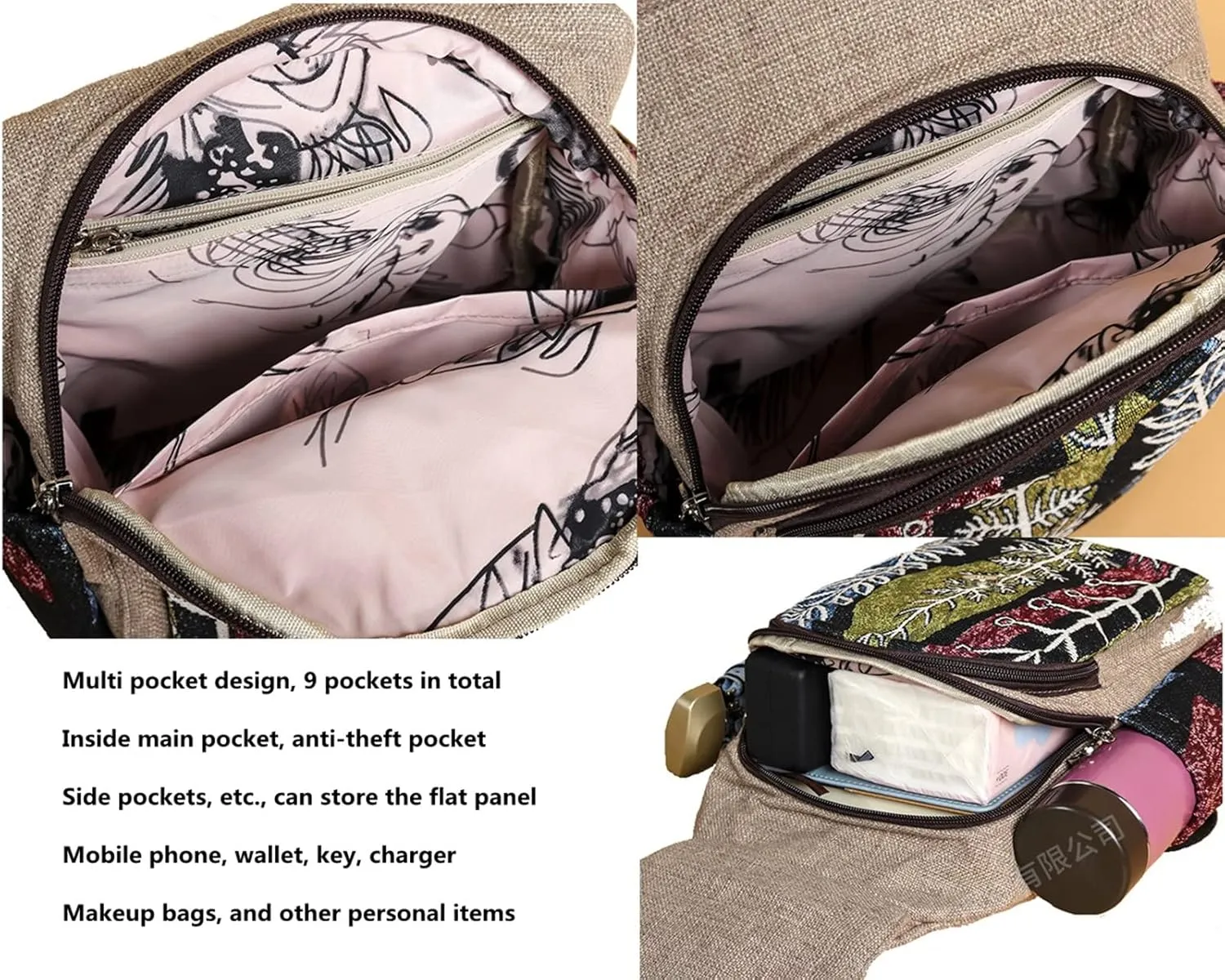 HUANGGUOSHU Women Cotton Woven Hippie Hemp Boho Canvas Embroidery Multi Pocket Retro Cute Backpack Wallet Backpack Squirrel