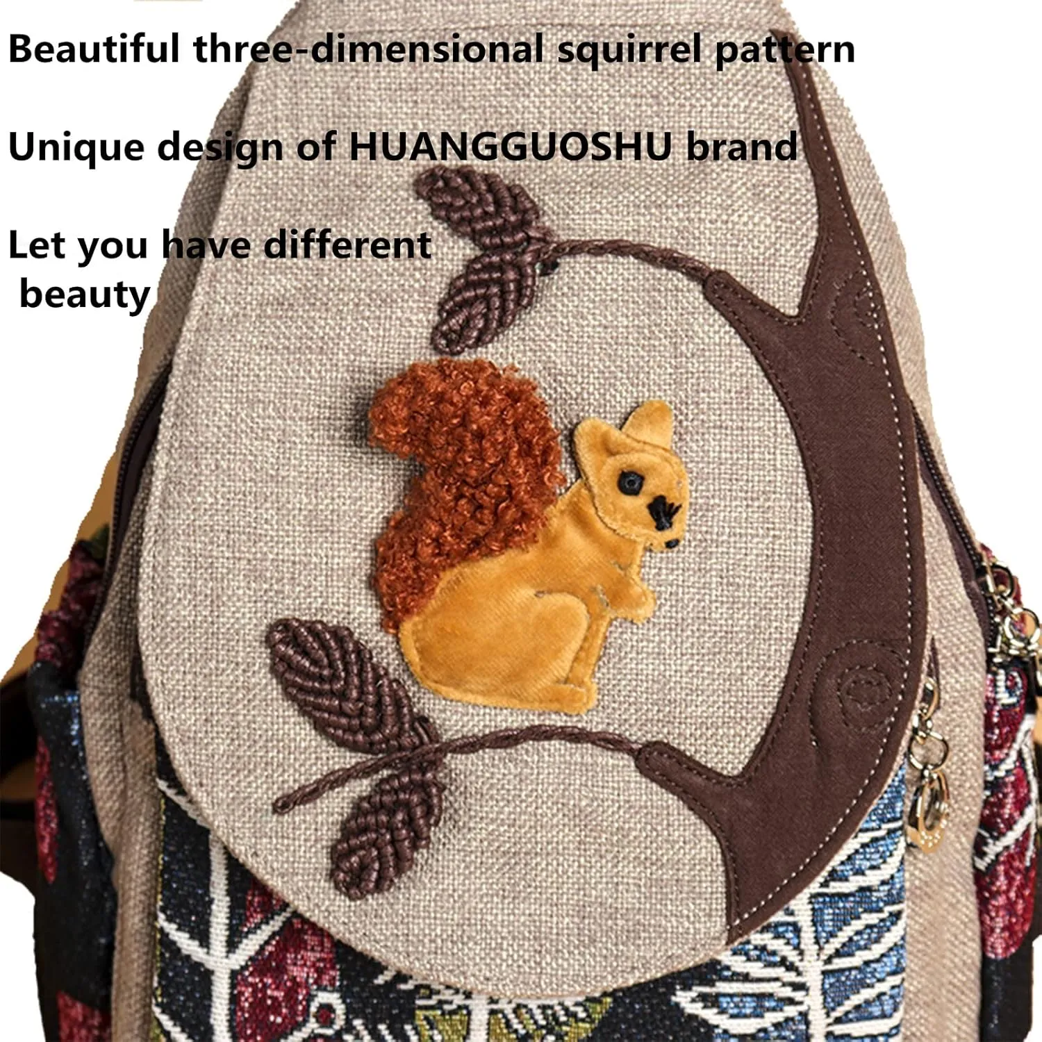 HUANGGUOSHU Women Cotton Woven Hippie Hemp Boho Canvas Embroidery Multi Pocket Retro Cute Backpack Wallet Backpack Squirrel