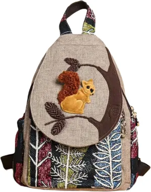 HUANGGUOSHU Women Cotton Woven Hippie Hemp Boho Canvas Embroidery Multi Pocket Retro Cute Backpack Wallet Backpack Squirrel