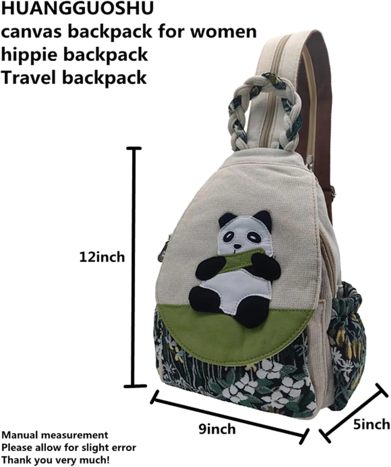 HUANGGUOSHU Women Cotton Woven Hippie Hemp Boho Canvas Embroidery Multi Pocket Retro Cute Backpack Wallet Backpack（Lotus）