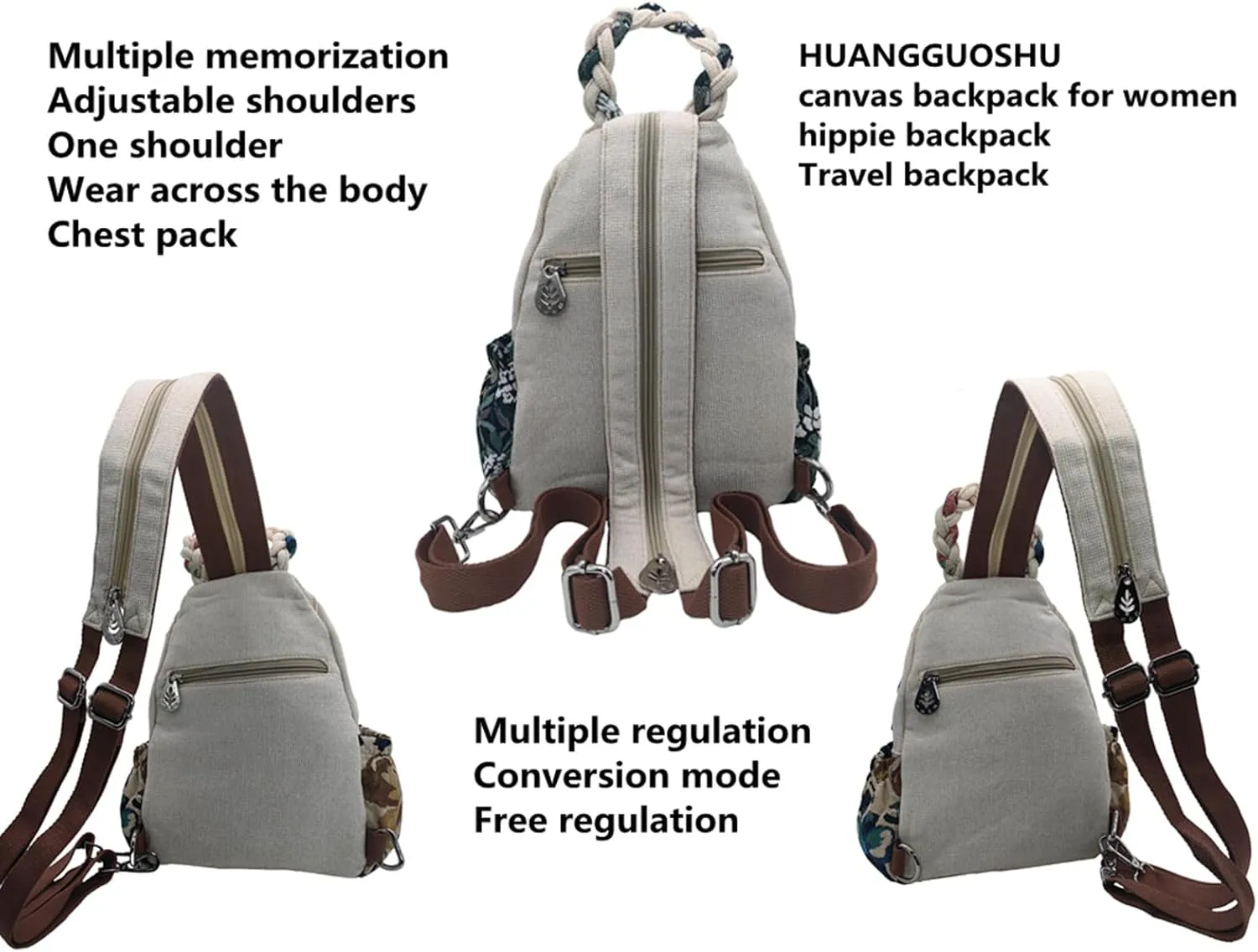 HUANGGUOSHU Women Cotton Woven Hippie Hemp Boho Canvas Embroidery Multi Pocket Retro Cute Backpack Wallet Backpack（Lotus）