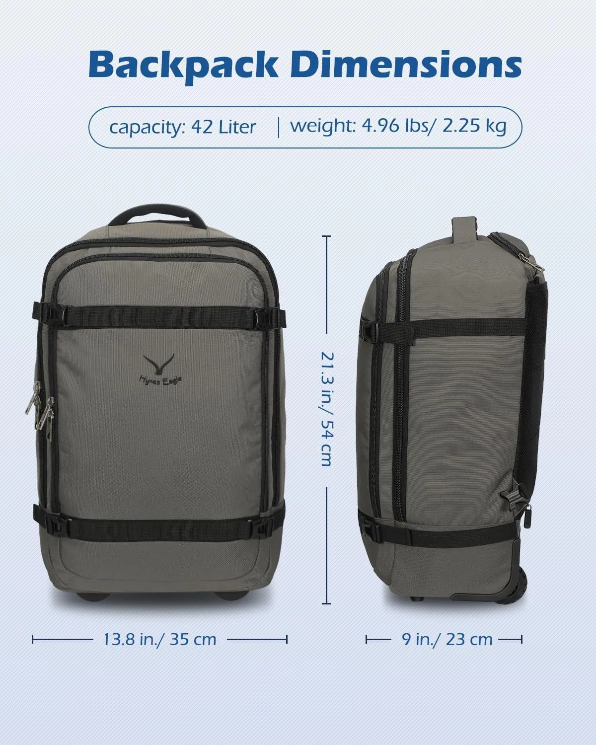 Hynes Eagle Rolling Backpack 42L Backpack with Wheels Airline Approved Carry on Luggage Laptop Travel Suitcase Bag for Women Men Grey-2024