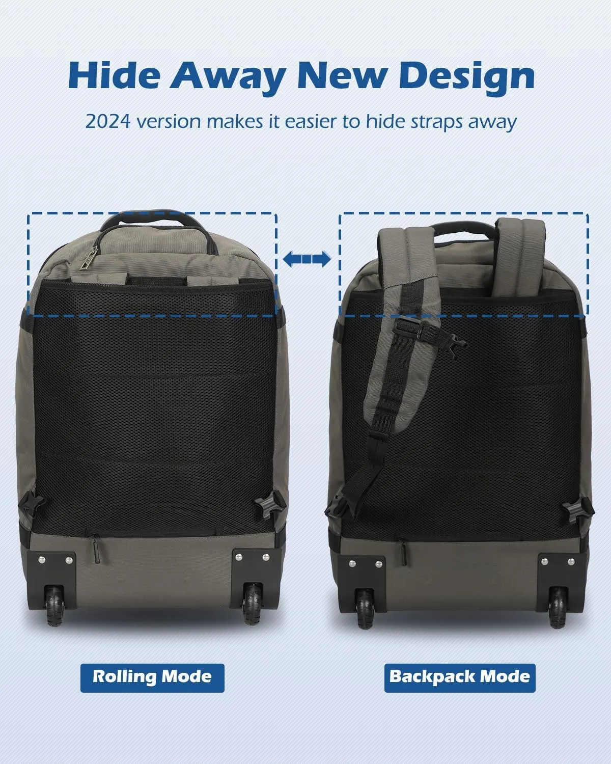 Hynes Eagle Rolling Backpack 42L Backpack with Wheels Airline Approved Carry on Luggage Laptop Travel Suitcase Bag for Women Men Grey-2024