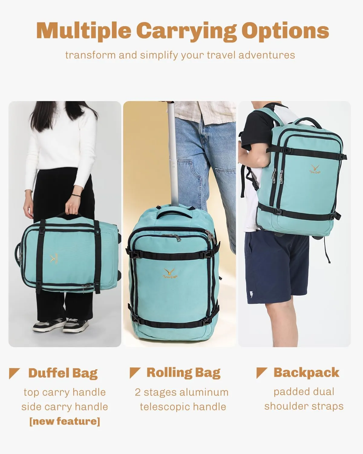 Hynes Eagle Rolling Backpack 42L Backpack with Wheels Airline Approved Carry on Luggage Laptop Travel Suitcase Bag for Women Men Mint Green