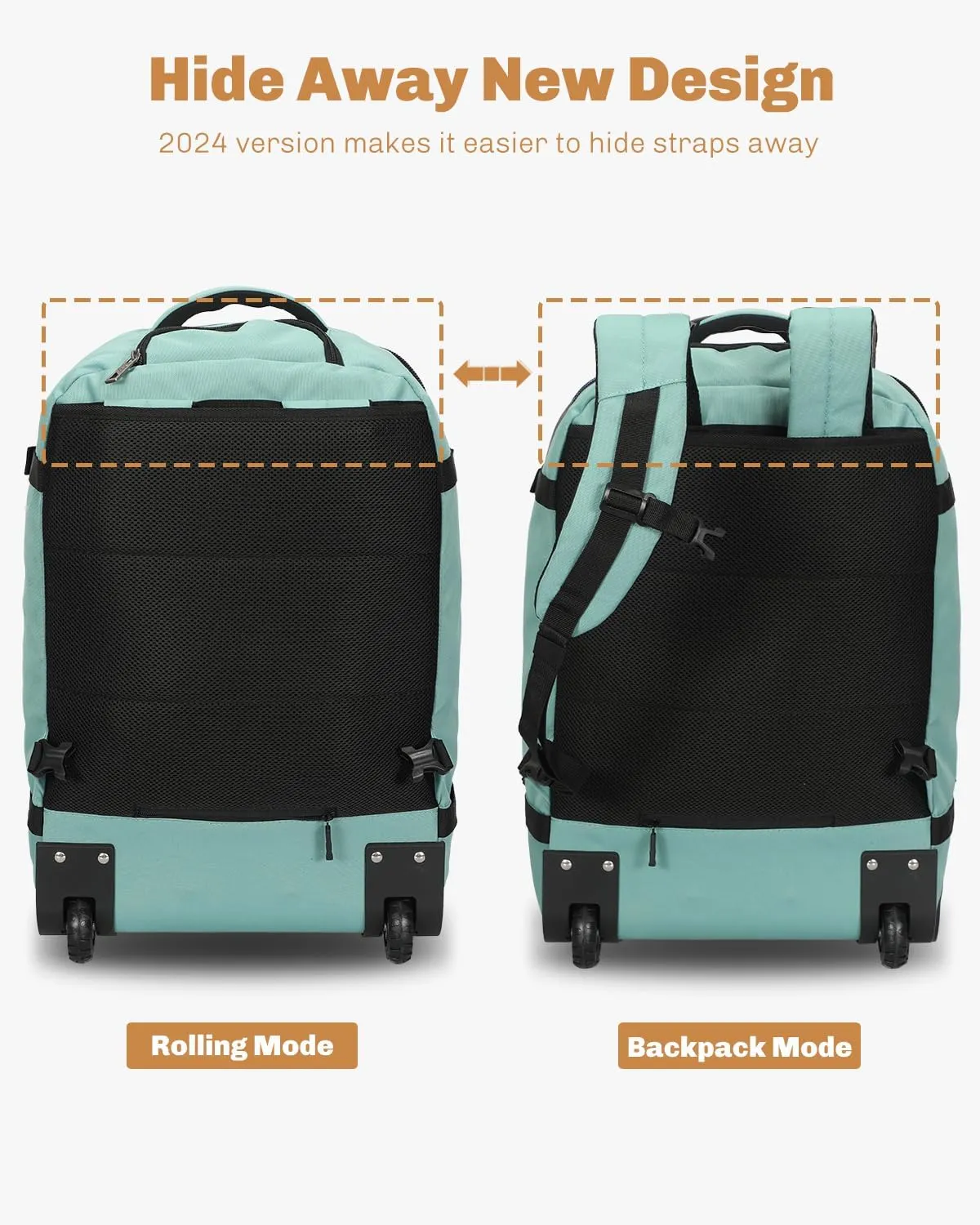 Hynes Eagle Rolling Backpack 42L Backpack with Wheels Airline Approved Carry on Luggage Laptop Travel Suitcase Bag for Women Men Mint Green
