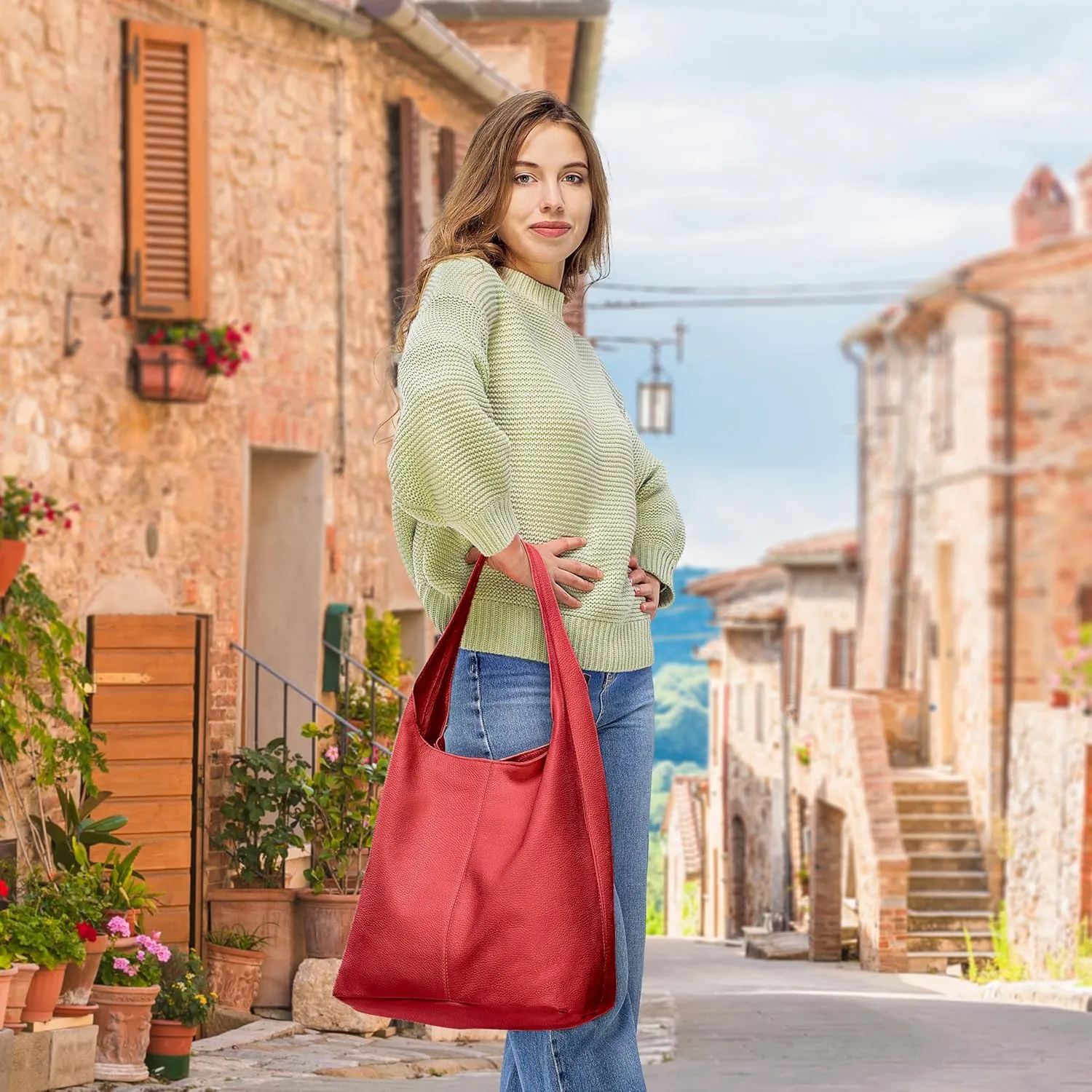 Italian Genuine Calf Leather Hobo Bag for Women with Zipper | Large Soft Slouchy Unlined Shoulder Handbag Tote Bucket Purse