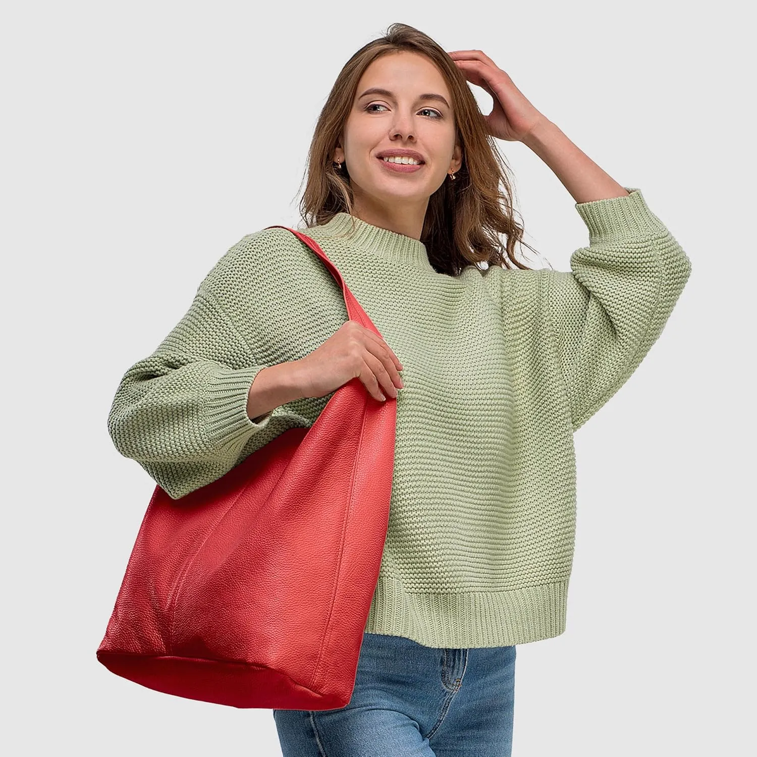 Italian Genuine Calf Leather Hobo Bag for Women with Zipper | Large Soft Slouchy Unlined Shoulder Handbag Tote Bucket Purse