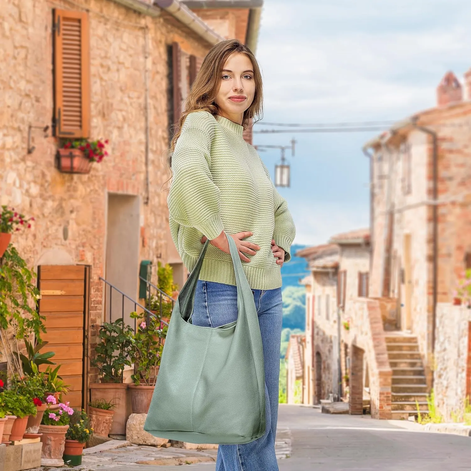 Italian Genuine Calf Leather Hobo Bag for Women with Zipper | Large Soft Slouchy Unlined Shoulder Handbag Tote Bucket Purse