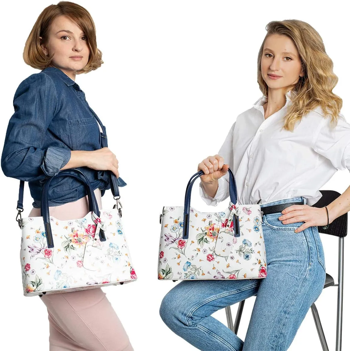 Italian Genuine Leather Flower Pattern Top Dual Handles Tote Shoulder Crossbody Handbag For Women