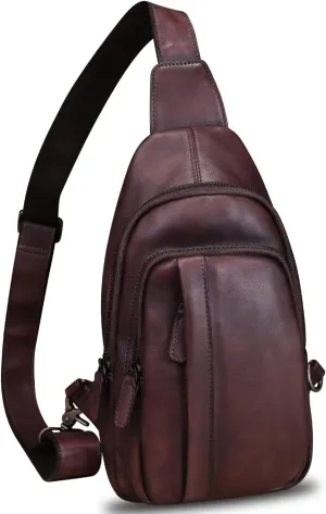 IVTG Genuine Leather Sling Bag Crossbody Casual Hiking Daypack Vintage Handmade Chest Shoulder Backpack Motorcycle Cycling Purses (Coffee)