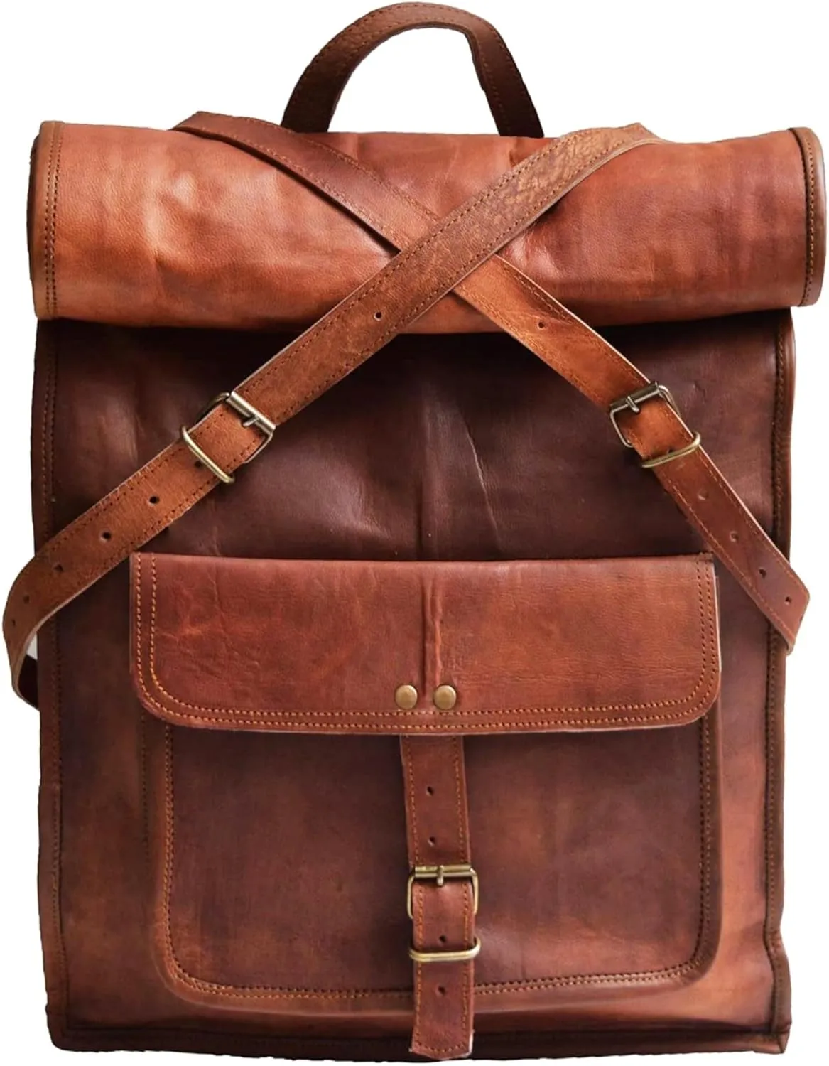 jaald 23" Brown Leather Backpack Vintage Rucksack Laptop Bag Large Travel Roll Top College Bookbag Comfortable Lightweight Travel Hiking/picnic For Men