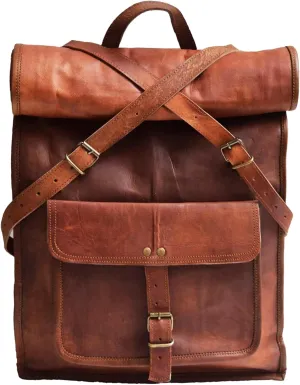 jaald 23" Brown Leather Backpack Vintage Rucksack Laptop Bag Large Travel Roll Top College Bookbag Comfortable Lightweight Travel Hiking/picnic For Men