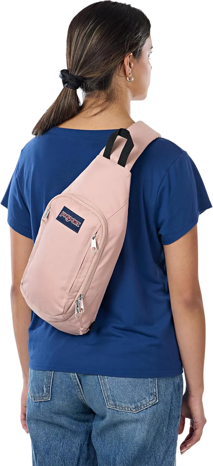 JanSport Move Sling Crossbody Bag – Main Compartment, Zippered Front Pockets, Adjustable Shoulder Strap, Fully Padded Back Panel, Misty Rose
