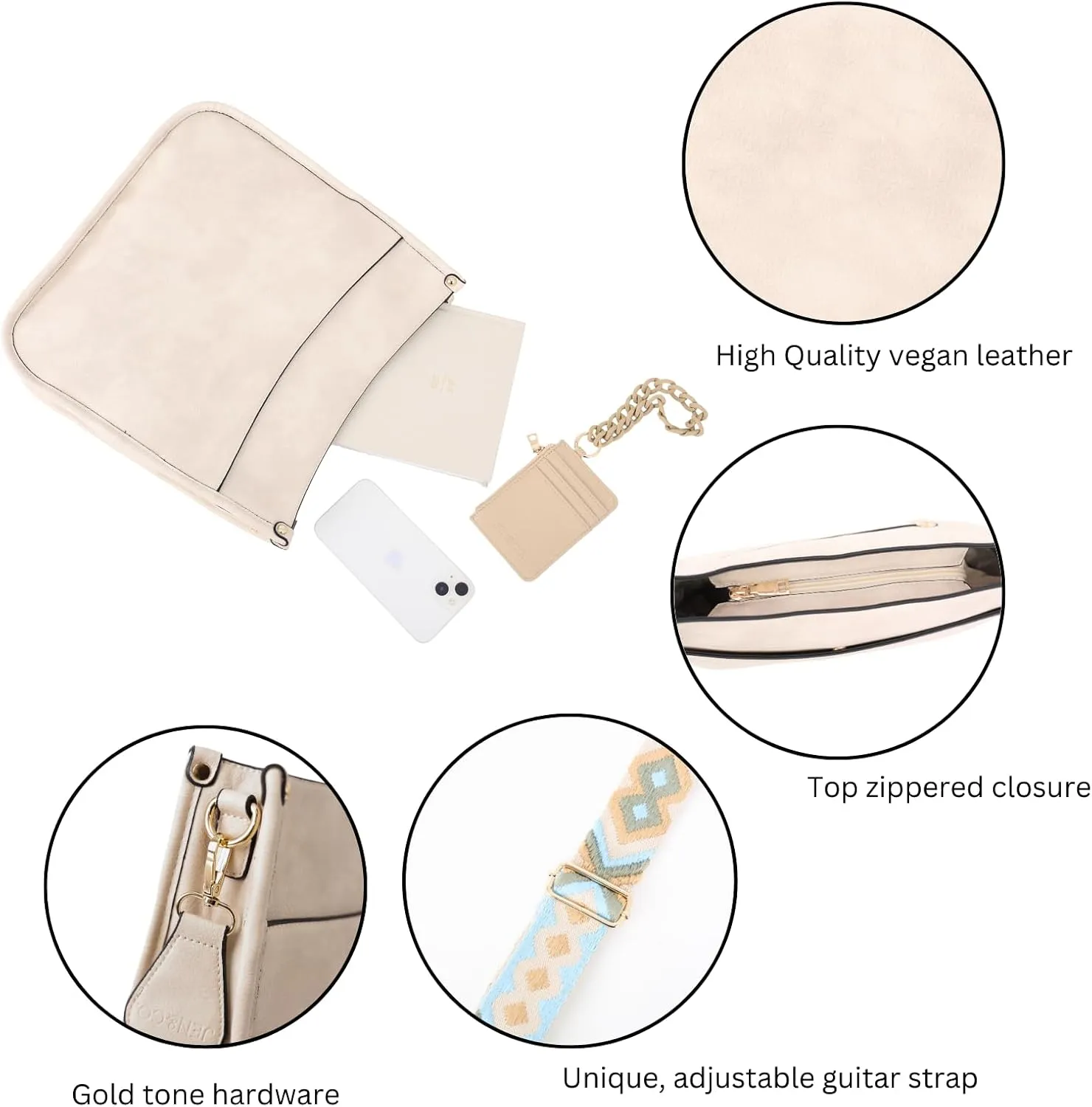 JEN & CO. Crossbody Bags for Women Trendy Vegan Leather Hobo Purses Shoulder Handbags with Wide Adjustable Guitar Strap