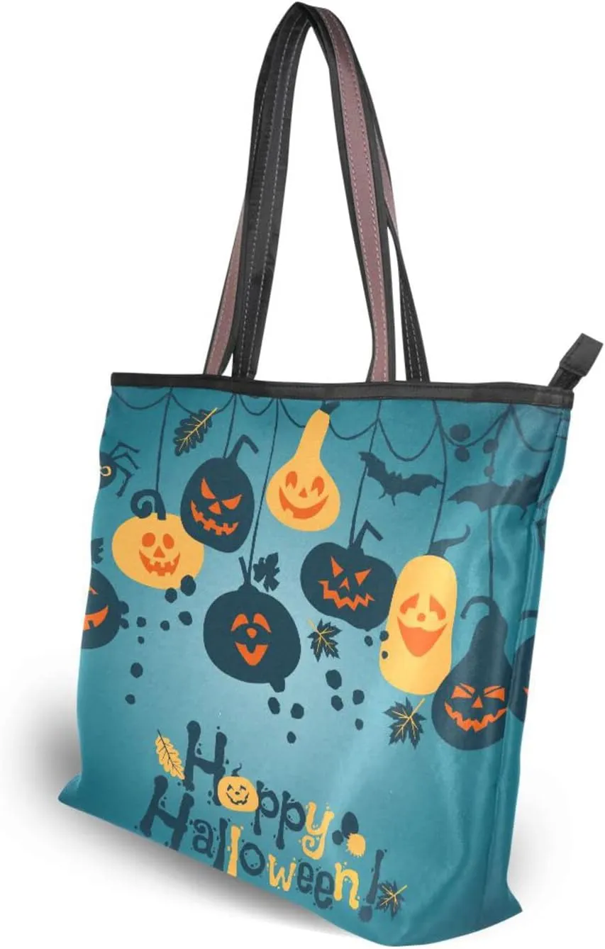 JSTEL Halloween Pumpkin Tote Purse with Pockets and Compartments,Halloween Tote Bag Zippered