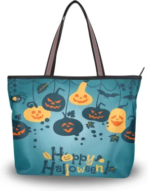 JSTEL Halloween Pumpkin Tote Purse with Pockets and Compartments,Halloween Tote Bag Zippered