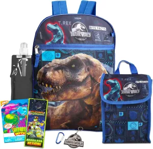 Jurassic World Backpack With Lunch Box Set - Jurassic World Backpack Kids Bundle with Lunch Bag, Tattoos, More | Jurassic World School Supplies