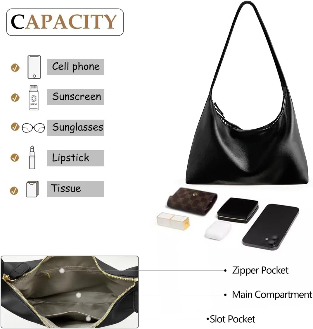 JYG Leather Hobo Bags for Women Small Soft Shoulder Purse Slouchy Tote Handbags with Double Zipper Design 2025
