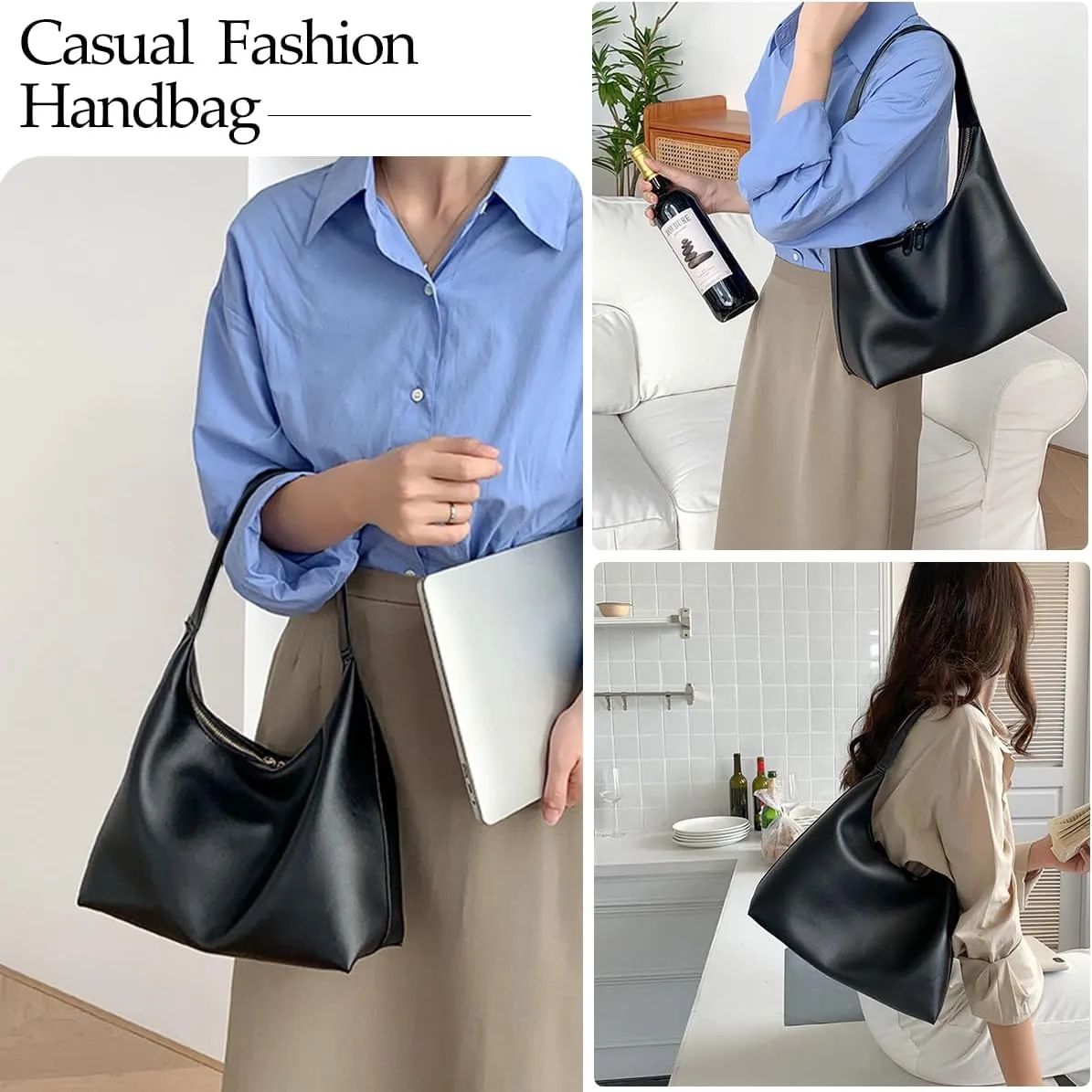 JYG Leather Hobo Bags for Women Small Soft Shoulder Purse Slouchy Tote Handbags with Double Zipper Design 2025