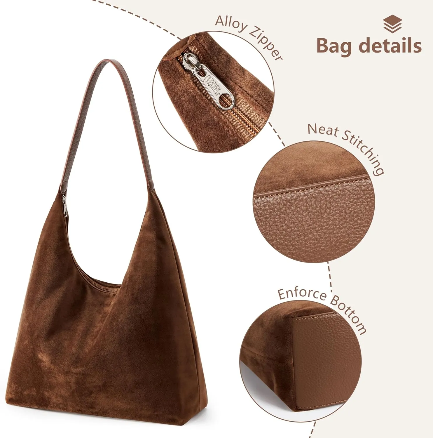 KALIDI Vintage 15L Hobo Bag Faux Suede Tote Zipper Work Bag Vegan Leather Shoulder Strap for Women Travel Purse