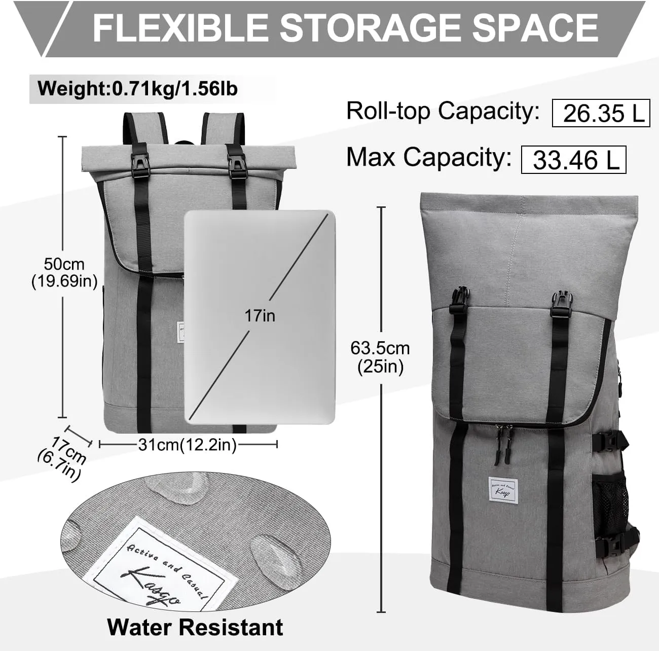 Kasqo Rolltop Backpack for Men, 17 Inch Laptop Backpacks Large Capacity Lightweight Water Resistant College Travel Daypack